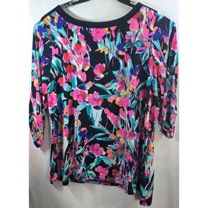 Susan Graver Top PLus Size 3X XXX Blue‎ Floral Shirt 3/4 Sleeves Colorful Blouse